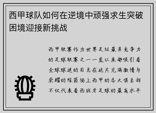 西甲球队如何在逆境中顽强求生突破困境迎接新挑战