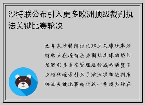 沙特联公布引入更多欧洲顶级裁判执法关键比赛轮次